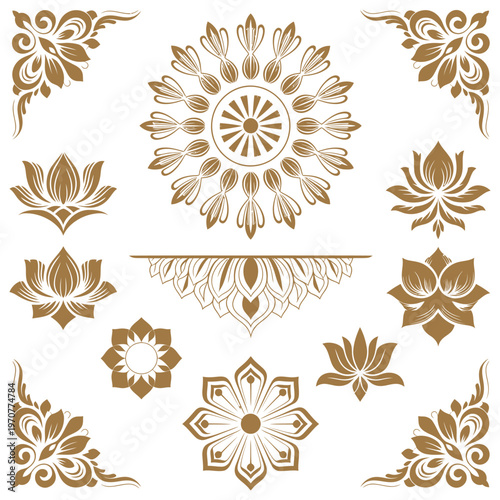 Thai Ethnic Decorative Elements Vector Set with Traditional Ornament Patterns, Floral Motifs, Cultural Design Details and Elegant Asian Style Illustration Collection