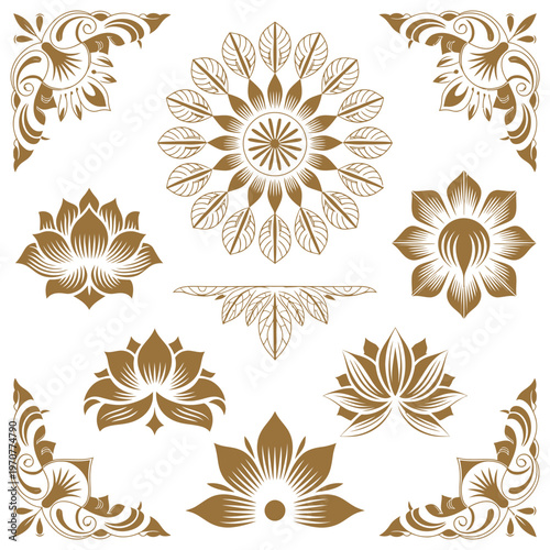Thai Ethnic Decorative Elements Vector Set with Traditional Ornament Patterns, Floral Motifs, Cultural Design Details and Elegant Asian Style Illustration Collection