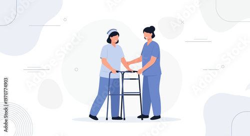 Nurse assisting patient with walker, rehabilitation, healthcare concept