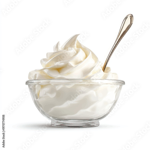 A glass bowl filled with whipped cream and a spoon
