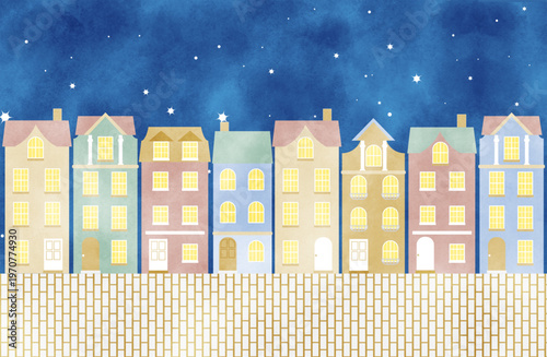 水彩風の夜のヨーロッパ風のタウンハウスが並ぶフラットイラスト｜パステルカラーでかわいい北欧風の街並み