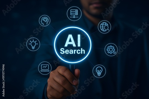 Man interacting with a digital interface featuring artificial intelligence search elements and icons.