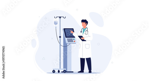 Doctor Operating Medical Equipment with IV Drip and Monitor