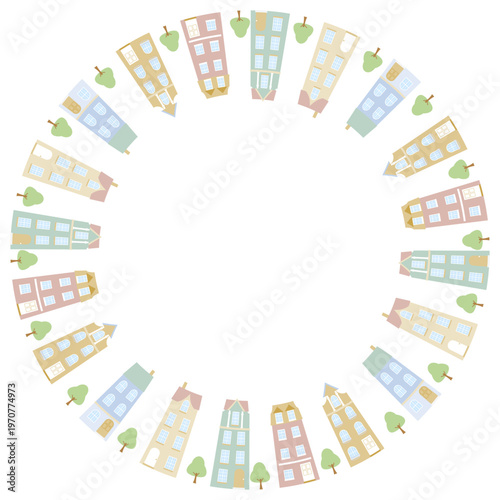 ヨーロッパ風の住宅をサークルに並べたフレームイラスト｜家、建物