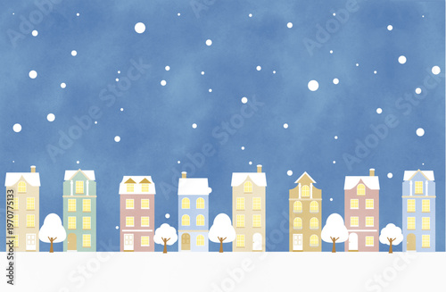 クリスマスなどにも使える雪が降り積もるヨーロッパ風住宅が並ぶ街並みイラスト