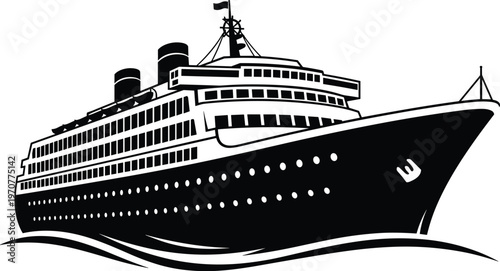 Large cruise ship ocean liner sailing waves, maritime travel vessel illustration, passenger ship graphic design, nautical transport icon, flat vector illustration