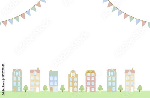 可愛いパステルカラーのヨーロッパ風ハウス｜背景素材として使えるフレームイラスト