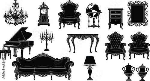Luxury vintage furniture and decor vector illustration, antique piano chairs sofa chandelier mirror clock set, classic ornate interior retro flat style