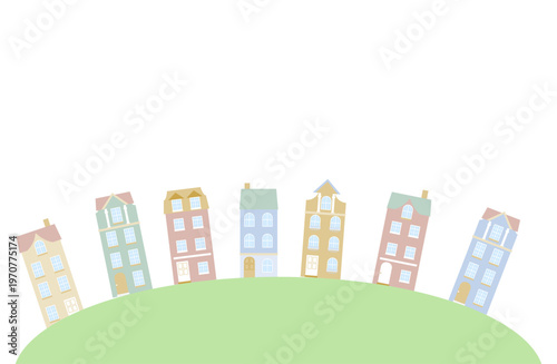 円弧の地面にヨーロッパ風の住宅が建ち並んだシンプルイラスト｜フレームイラスト