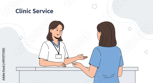 Clinic Service: Nurse assisting patient at reception desk, healthcare concept