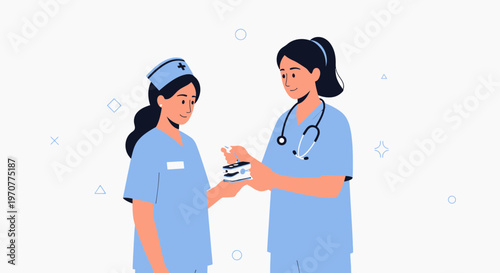 Nurses Examining Pulse Oximeter: Medical Collaboration and Healthcare Illustration
