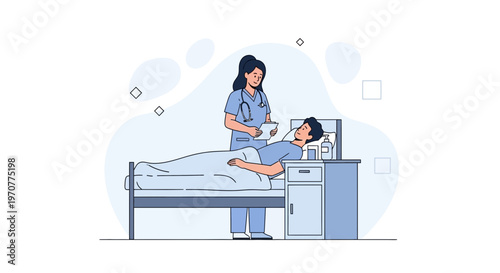 Nurse caring for patient in hospital bed, medical checkup illustration