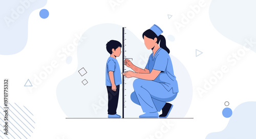 Nurse measuring child's height on a growth chart, healthcare concept illustration