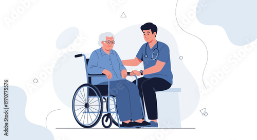 Nurse assisting elderly woman in wheelchair, care and support concept