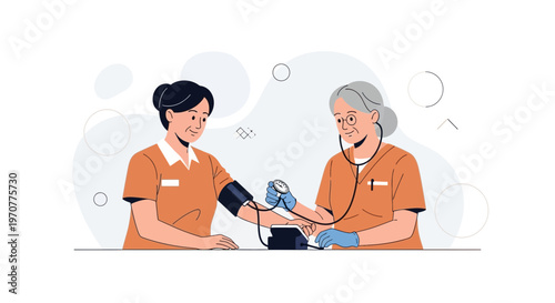 Nurse measures blood pressure of patient, medical checkup, healthcare concept, flat illustration