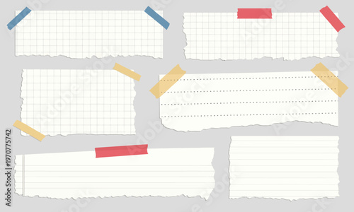 Torn White Notebook and Squared Paper Note Collection with Colorful Adhesive Tape, Realistic Scrap Paper Pieces, Ripped Edges, Stationery Elements for Creative Design