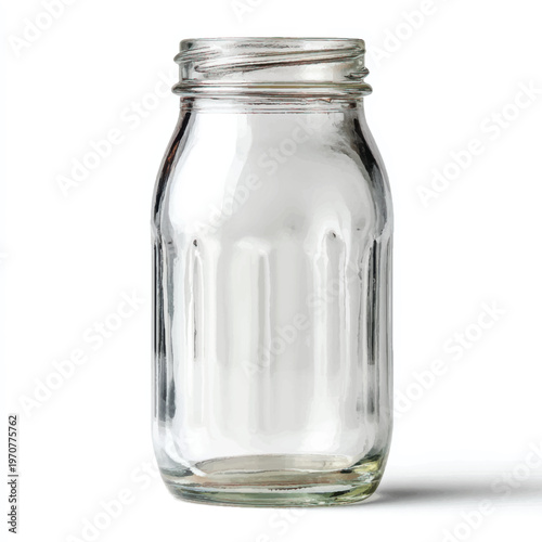 A clear glass jar with a lid on a white background