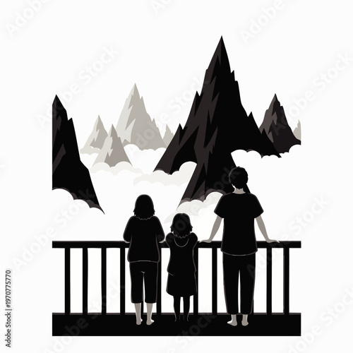 Family of three looking at majestic mountain peaks above the clouds from a viewpoint, symbolizing adventure and wonder.