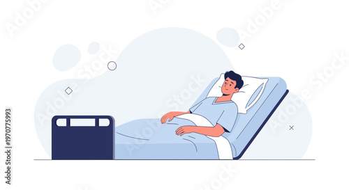 Male Patient Lying in Hospital Bed, Medical Care, Healthcare Concept Illustration