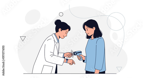 Doctor checks patient's temperature with infrared thermometer, healthcare concept