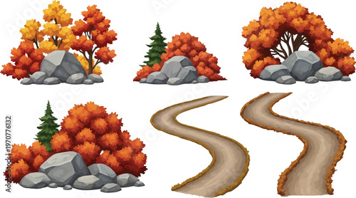 Autumn forest landscape elements set, orange fall trees and rocks vector collection, winding dirt road path for game design and map creation