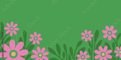 Simple illustration of pink flowers and green stems on a green background