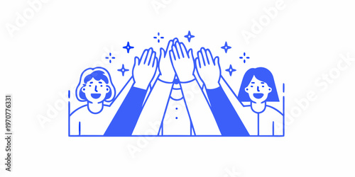 Team celebrating success with a high five illustrated in blue line art