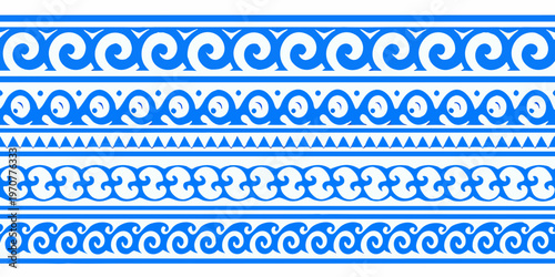 Repeating blue and white wave and geometric border pattern design