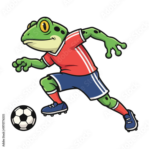 Fast frog soccer player running with ball, cartoon frog mascot athlete in red uniform, sporty amphibian football character for team logo, kids sports design, isolated vector illustration