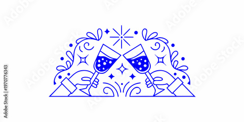 A blue line art illustration of two champagne glasses toasting