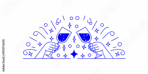 Celebratory illustration featuring two wine glasses toasting with sparkling details