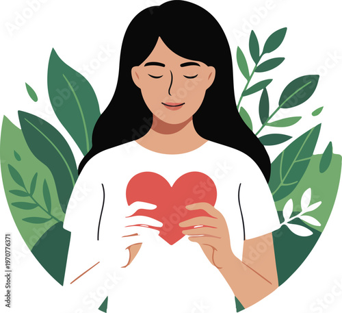 Woman holding heart symbol with eyes closed, self love mental health care concept flat vector illustration design