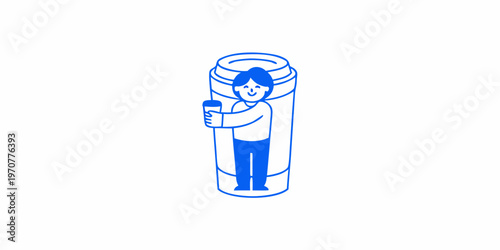 A person stands inside a cylindrical container holding a beverage