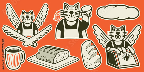 Anthropomorphic cats bake bread and enjoy coffee in a whimsical scene