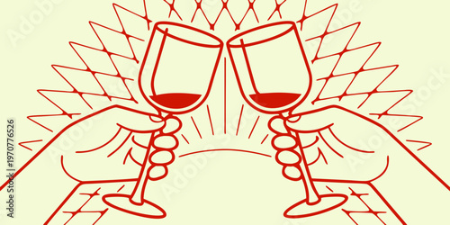 A red illustration of two wine glasses toasting before a throne