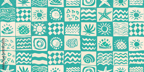 Seamless pattern with hand drawn teal and cream ocean themed motifs