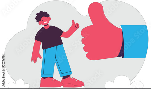 Fotografie A cartoon man giving thumbs up to large hand thumb