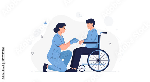 Nurse assisting patient in wheelchair, healthcare, medical care, support, disability concept