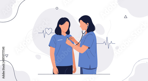 Doctor examining patient with stethoscope, heartbeat and medical care concept
