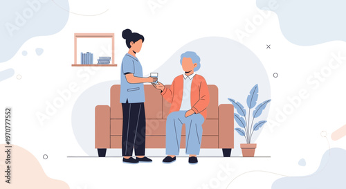 Nurse helping elderly woman with medication and water at home