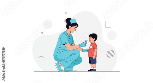 Nurse checking child's temperature with thermometer, healthcare concept