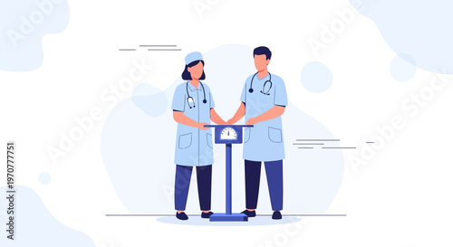 Doctors measuring weight on scale, medical checkup, healthcare concept