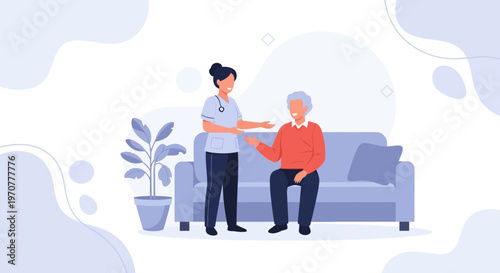 Nurse caring for elderly man at home, healthcare, support, medical assistance
