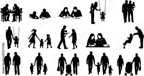 Vector parents and children in daily life activities and walking Vector Stock