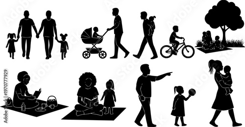 Vector parents and children in daily life activities and walking Vector Stock