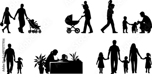 Vector parents and children in daily life activities and walking Vector Stock