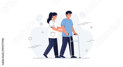 Nurse Assisting Patient with Walker, Rehabilitation and Care