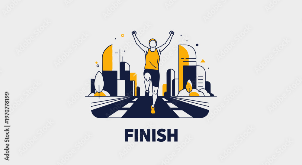 Obraz premium Runner Reaching The Finish Line After a Marathon With City Background Illustration