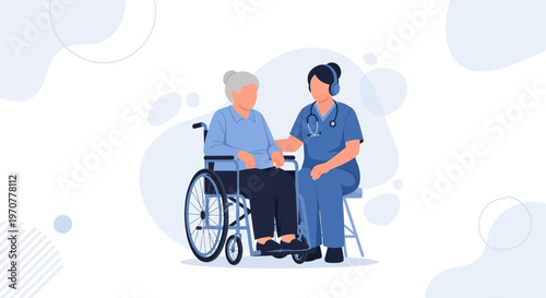 Nurse caring for elderly woman in wheelchair, healthcare, compassion, support