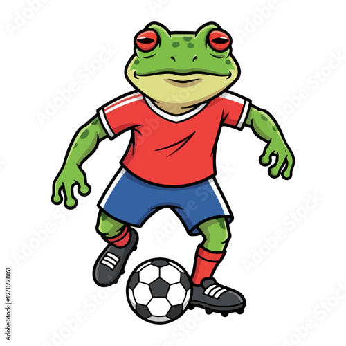 Cute frog soccer player standing with ball, cartoon frog mascot athlete in red uniform, friendly amphibian football character for team logo, kids sports design, isolated vector illustration